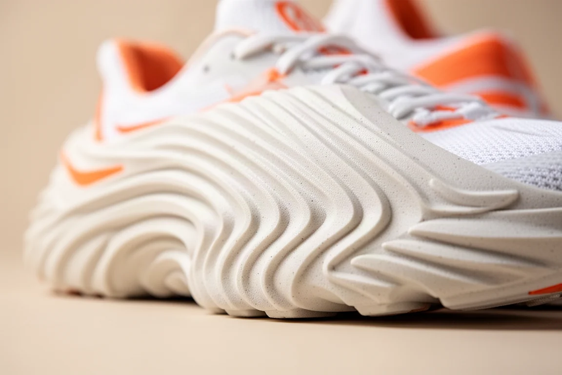 Primo piano di un'intersuola spessa e nervata su una scarpa da running voluminosa