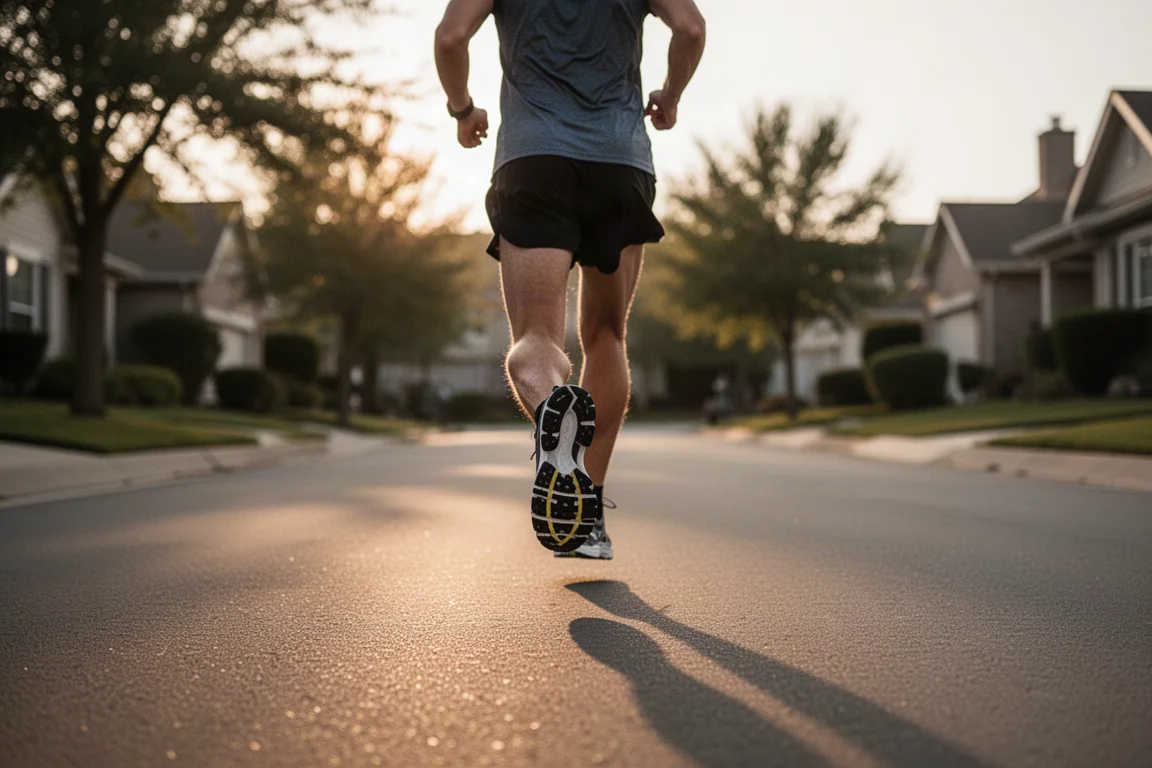 Un runner che registra chilometri ad andamento rilassato in una tranquilla strada di periferia all'ora dorata