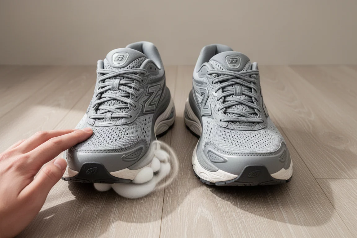 Due scarpe da running affiancate su un pavimento in legno che mostrano spessori di schiuma differenti