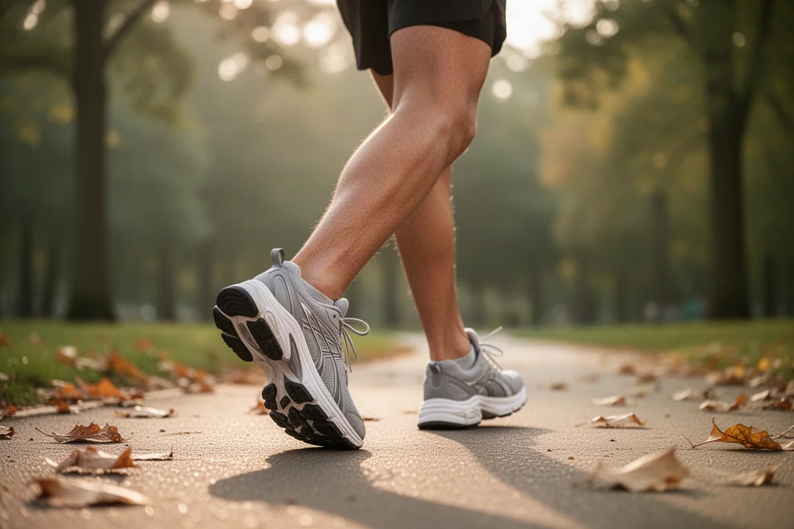 Un runner che cammina lungo un sentiero nel parco con scarpe ammortizzate e rilassate