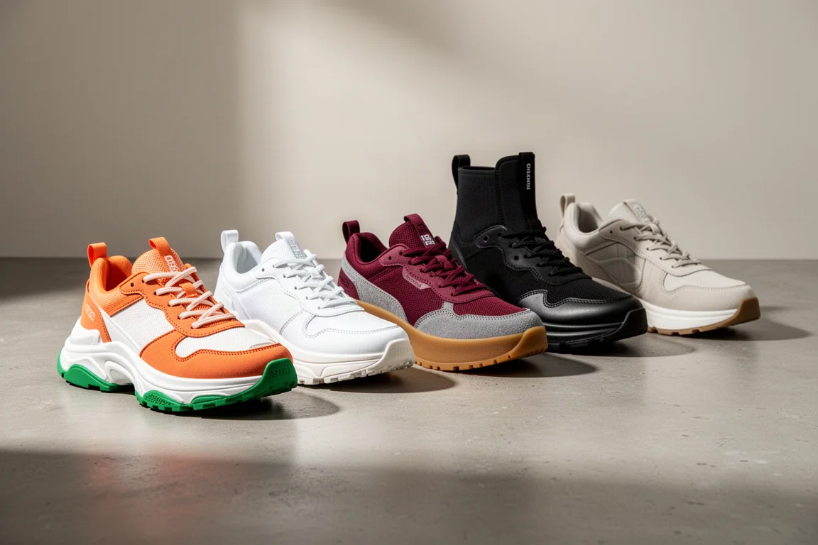 Five chunky max cushion running shoes lined up on a concrete surface