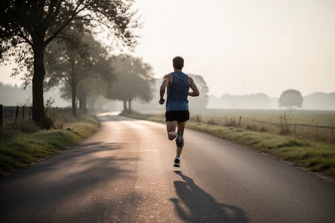 Runner's feet landing on smooth pavement in a maximalist cushioned running shoe