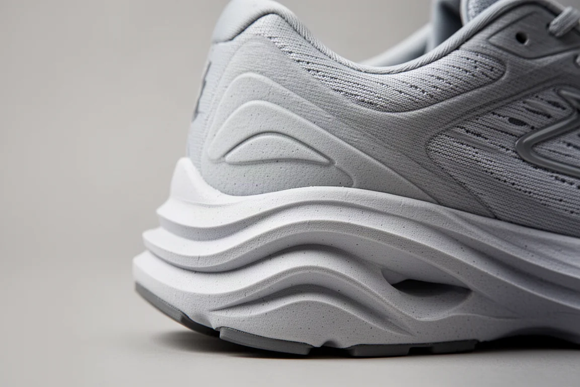 Close-up detail of a wide flared midsole sole on a high-stack running shoe