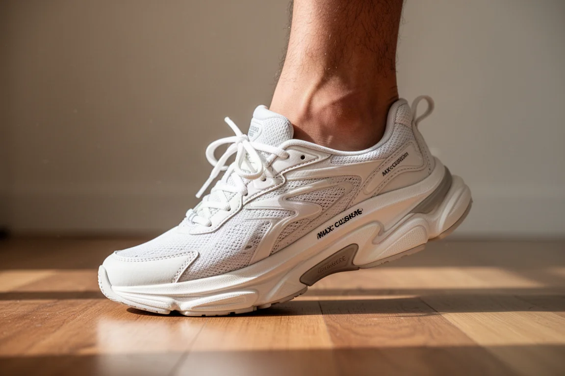 Un coureur enfilant une chaussure de running moelleuse avant une course matinale
