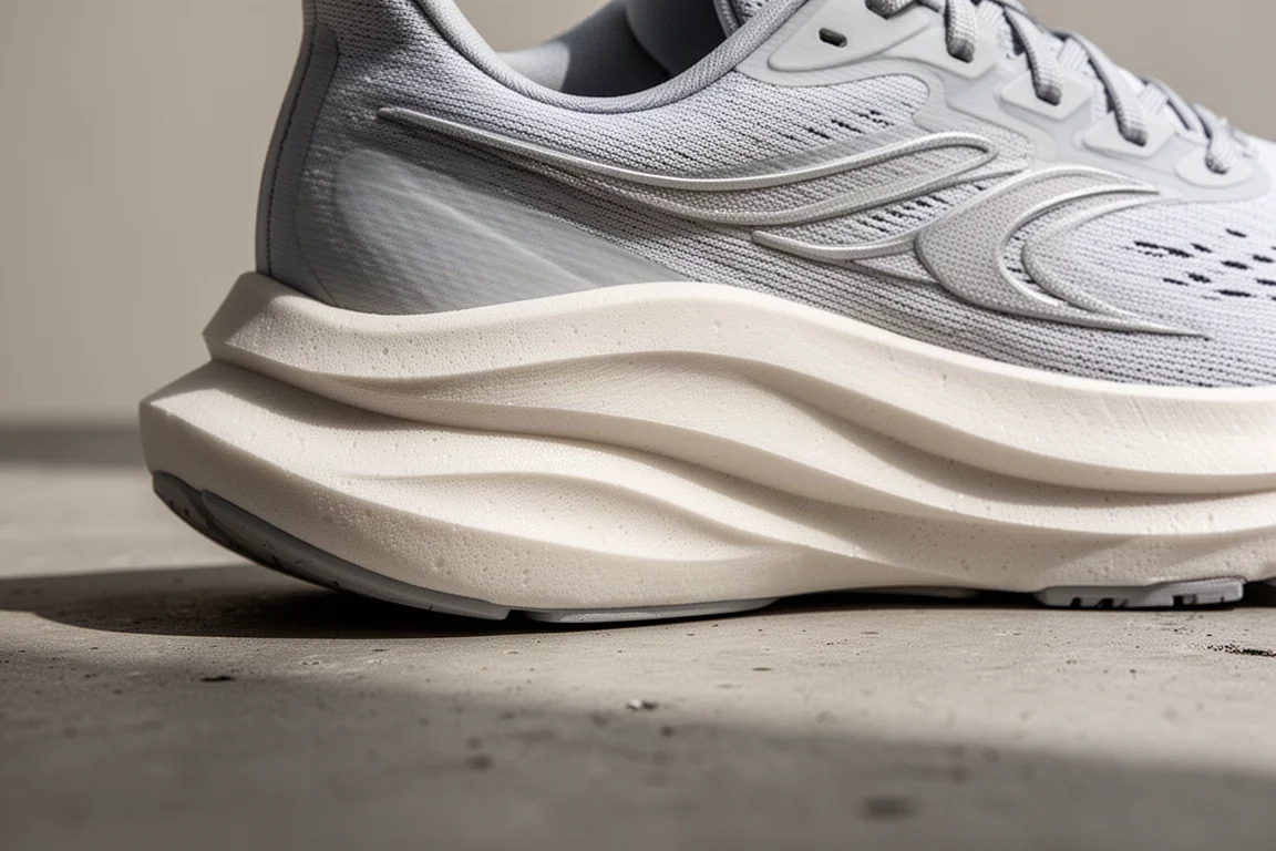 Gros plan sur une épaisse semelle intermédiaire en mousse sculptée d'une chaussure de running