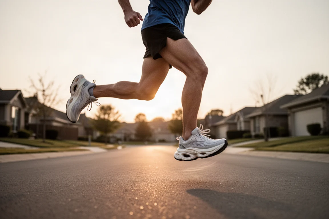Un coureur en mouvement sur une route ouverte à l'heure dorée