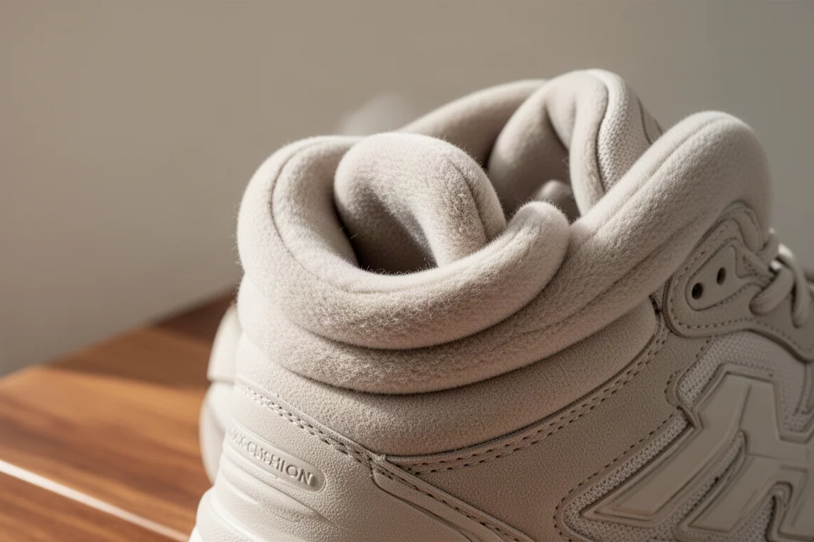 Détail du col et de la languette moelleux d'une chaussure de running