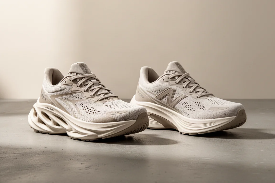 Two chunky Hoka-style max-cushion running shoes side by side on concrete