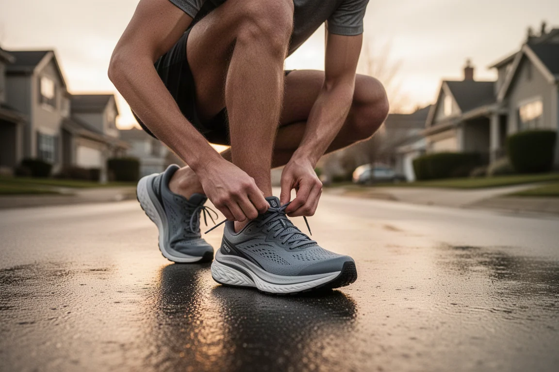 Runner che allaccia i lacci di scarpe da running con suola spessa in una strada tranquilla all'alba
