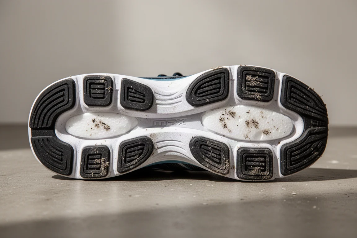 Primo piano della suola esterna di una scarpa da running che mostra la copertura in gomma e la schiuma a vista