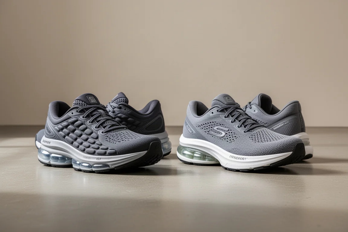 Coppia di scarpe da running con ammortizzazione ad alta pila affiancate su un pavimento in studio