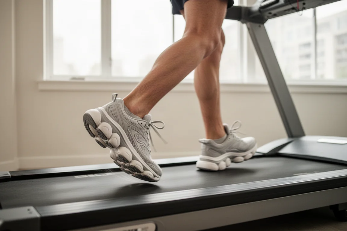Runner che cammina su un tapis roulant con scarpe ammortizzate in una home gym luminosa