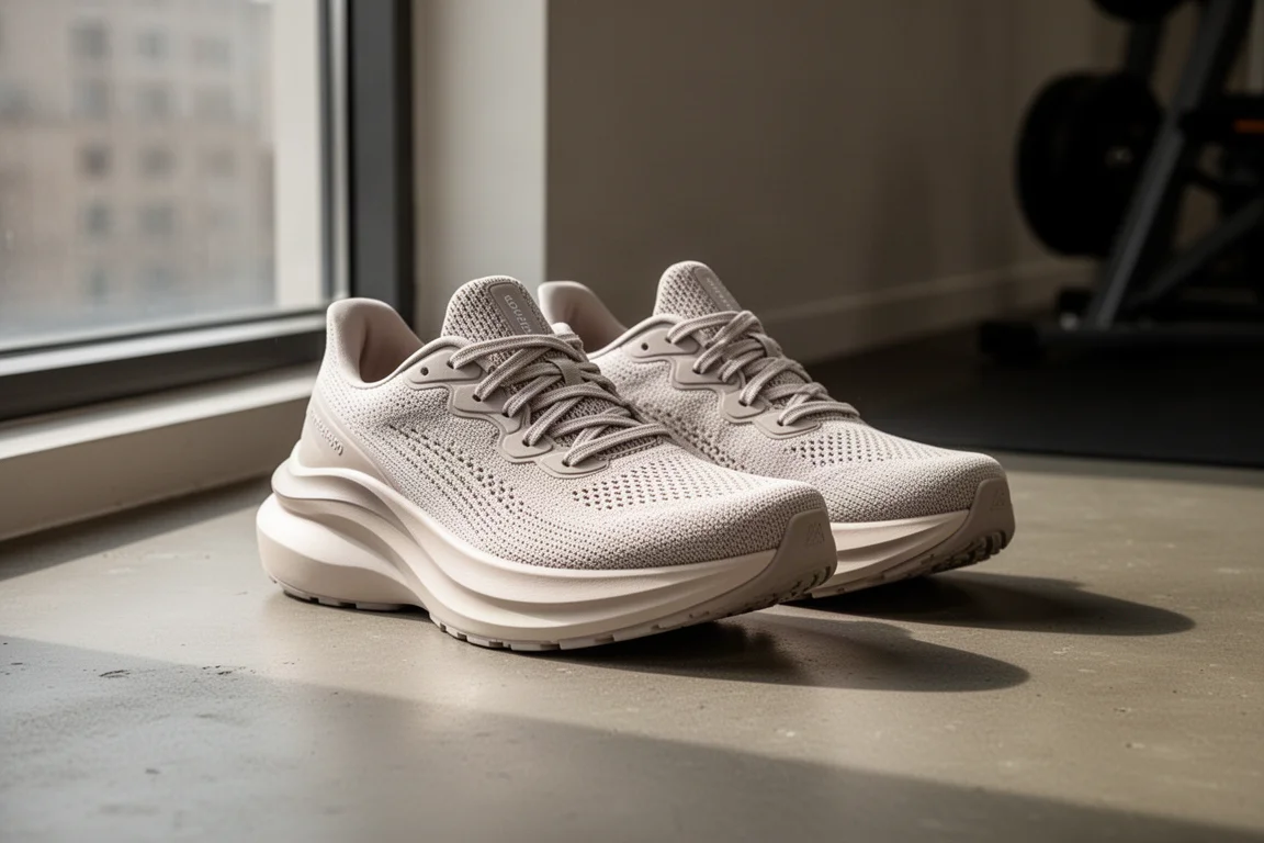 Coppia di scarpe da running max cushion con suola spessa su una superficie di cemento in luce soffusa