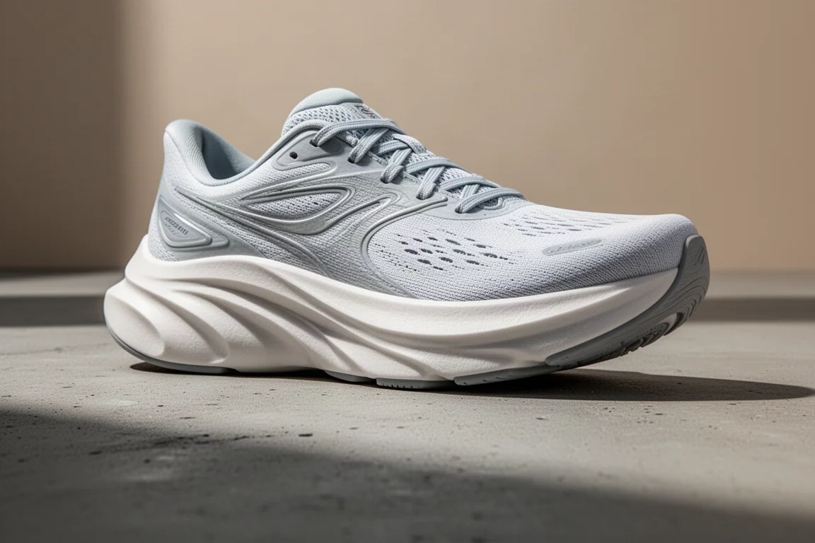 Gros plan sur une semelle intermédiaire épaisse et amortie d'une chaussure de running avec géométrie rocker