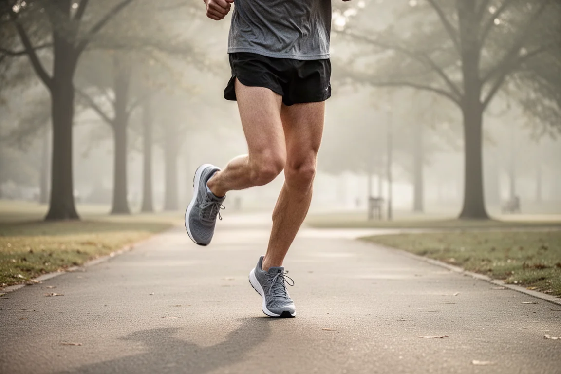 Un coureur effectue des kilomètres de récupération sur un chemin pavé calme