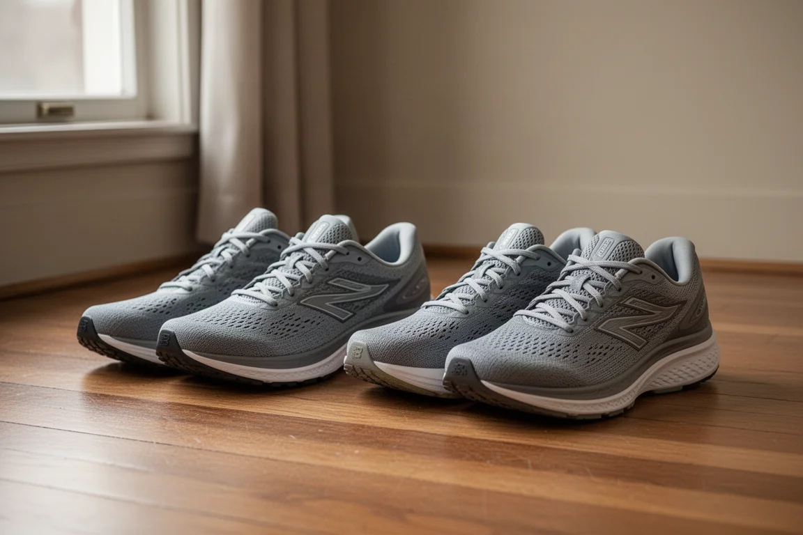 Chaussures de running amorties en rotation sur un plancher en bois