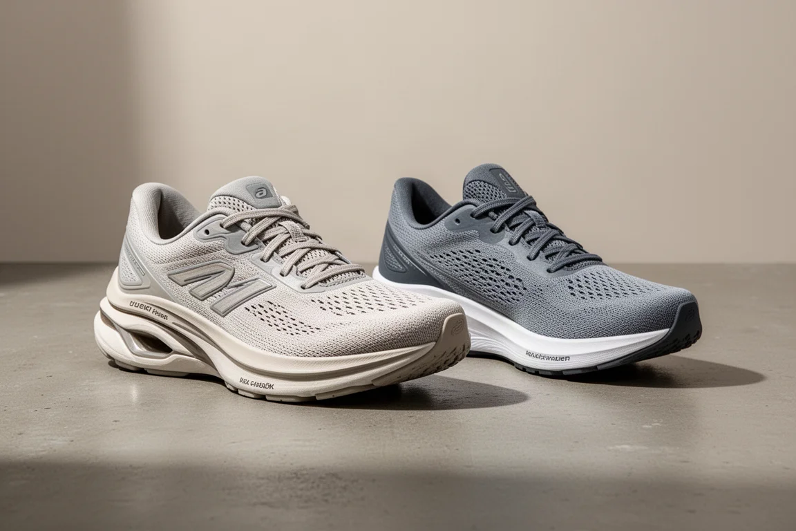Two cushioned road running shoes side by side on a concrete surface