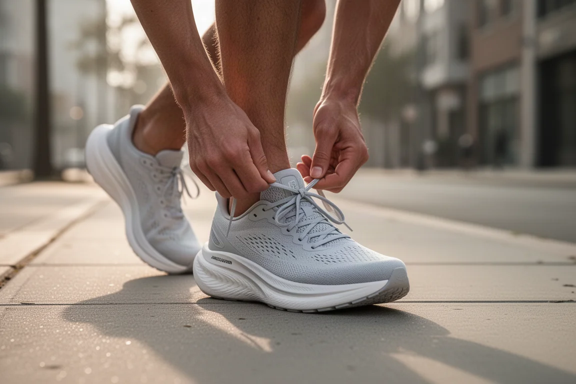 Corredor atándose los cordones de una zapatilla de running muy amortiguada antes de un rodaje suave por la mañana