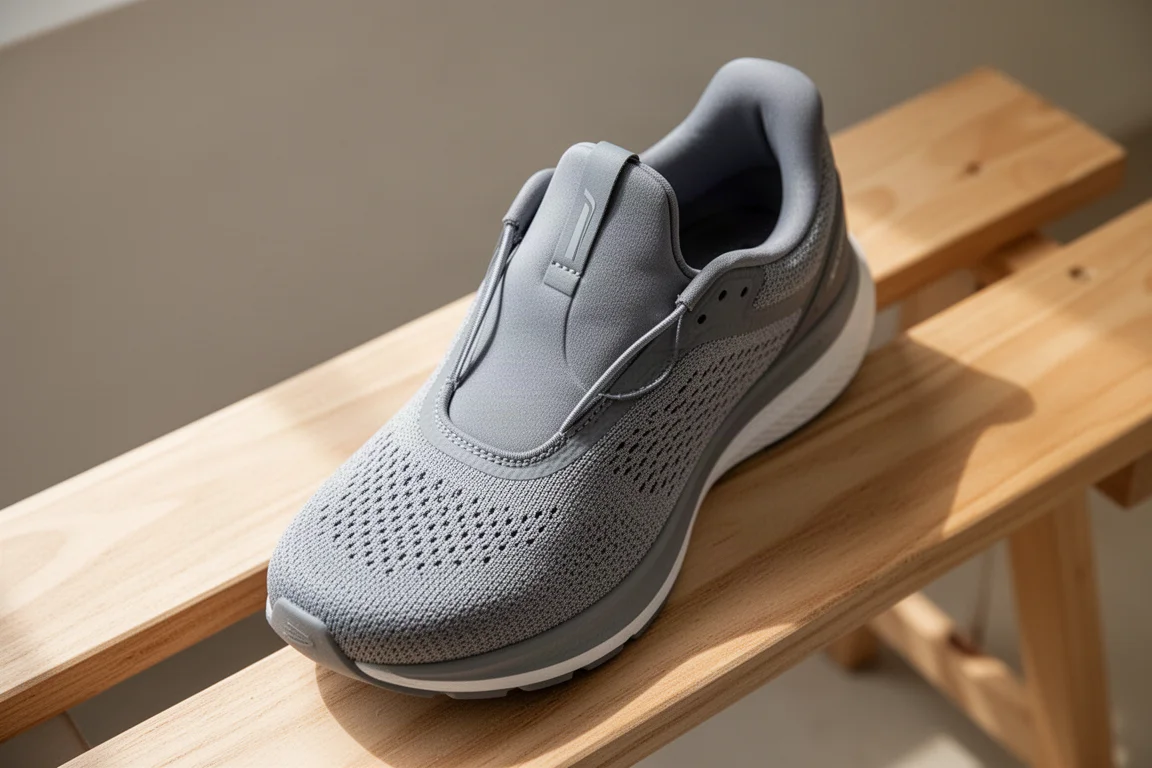 Parte superior acolchada y suave, y lengüeta de una zapatilla de running con luz natural