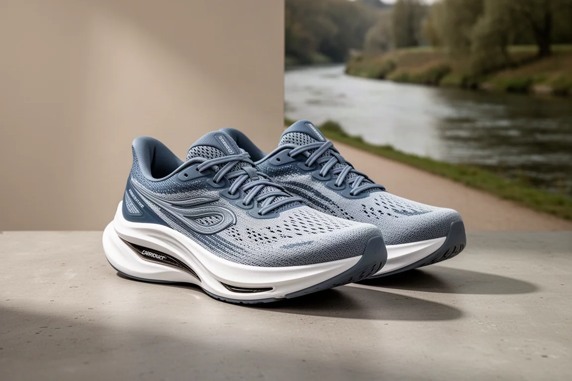Coppia di scarpe da running molto ammortizzate su un sentiero lungo il fiume