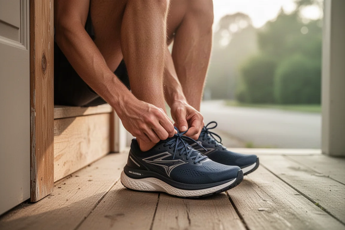 Corredor atándose unas zapatillas de running de máxima amortiguación en el umbral antes de una rodaje suave matutino