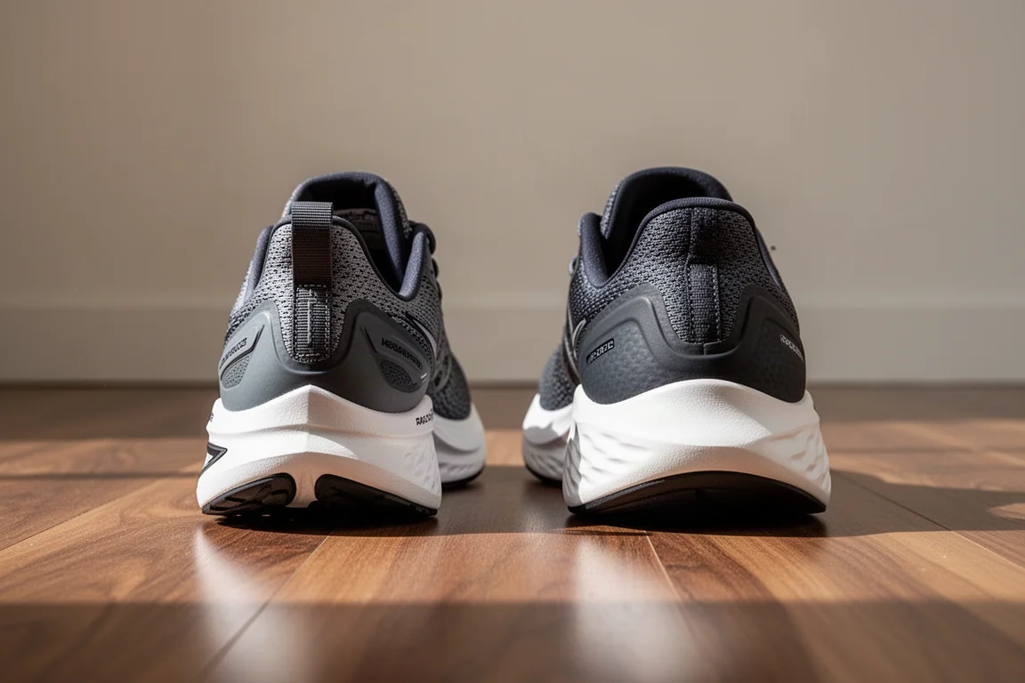 Dos zapatillas de running lado a lado mostrando distintas anchuras de talón y alturas de mediasuela