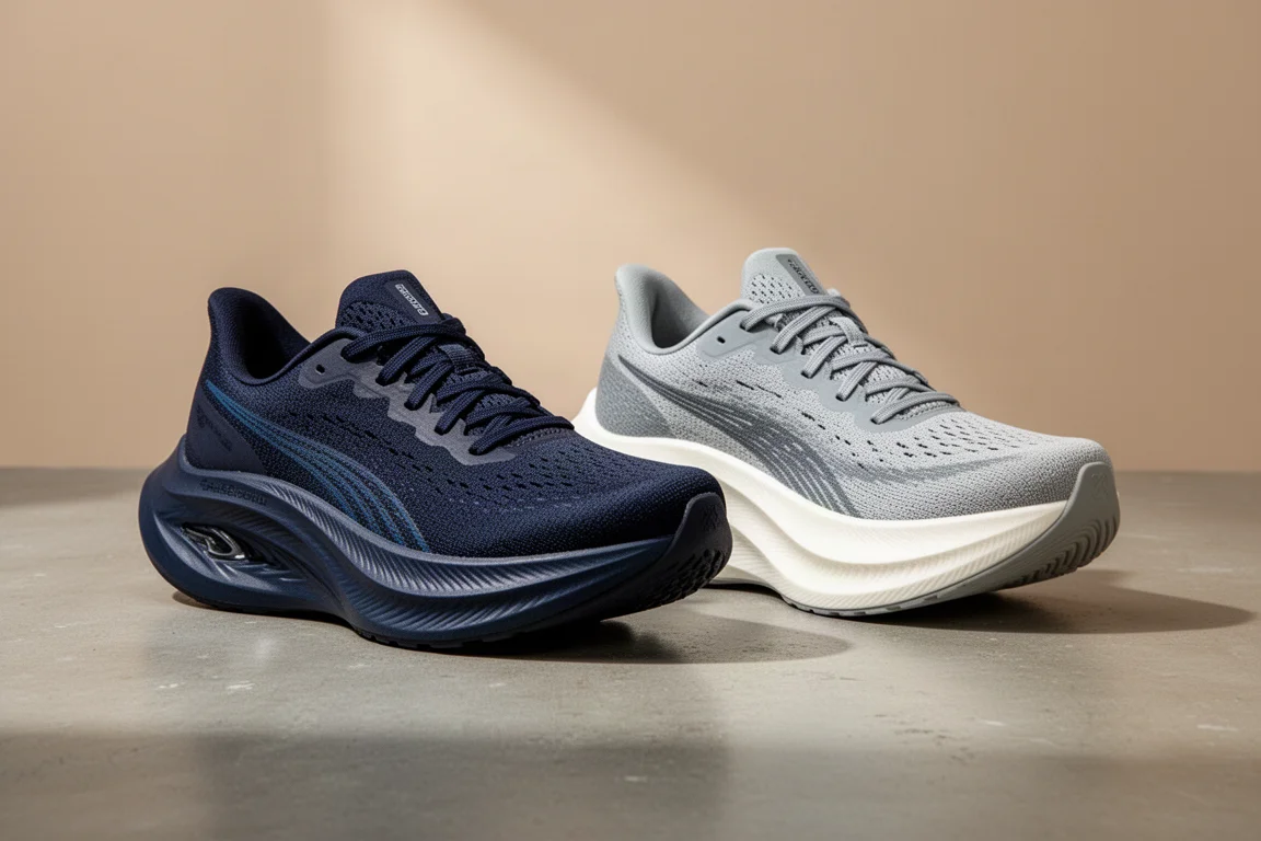 Hoka Bondi X and New Balance Fresh Foam More v3 running shoes side by side