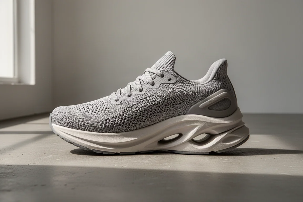 Hoka Carbon X 3 running shoe with knit upper and thick midsole on a concrete surface