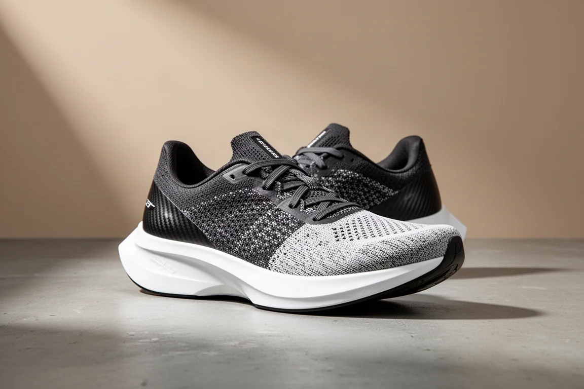 Carbon-plated road running shoe with two-tone knit upper on concrete