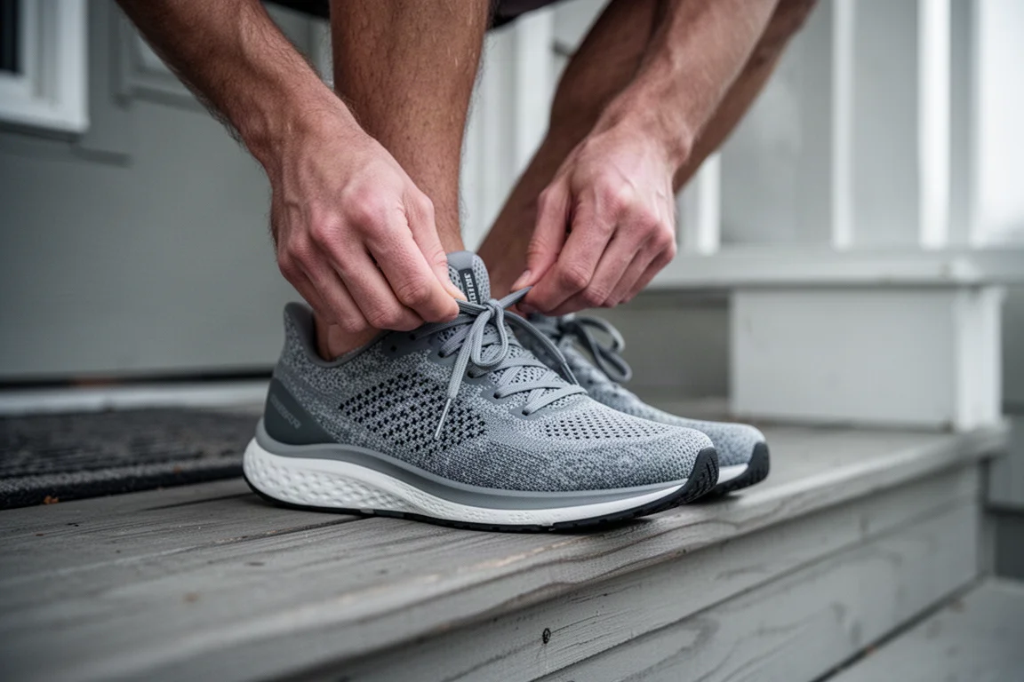 Hardloper die de veters van een paar hardloopschoenen met gebreide bovenkant strikt voor een vroege training