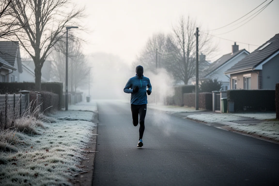 Hardlopen bij koud weer op een vorstige buitenwijkweg