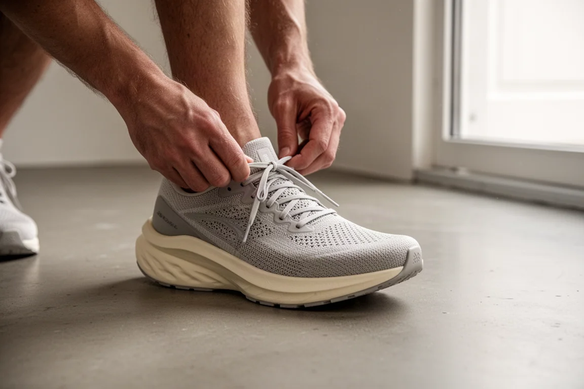 Runner threading laces on a knit-upper road running shoe