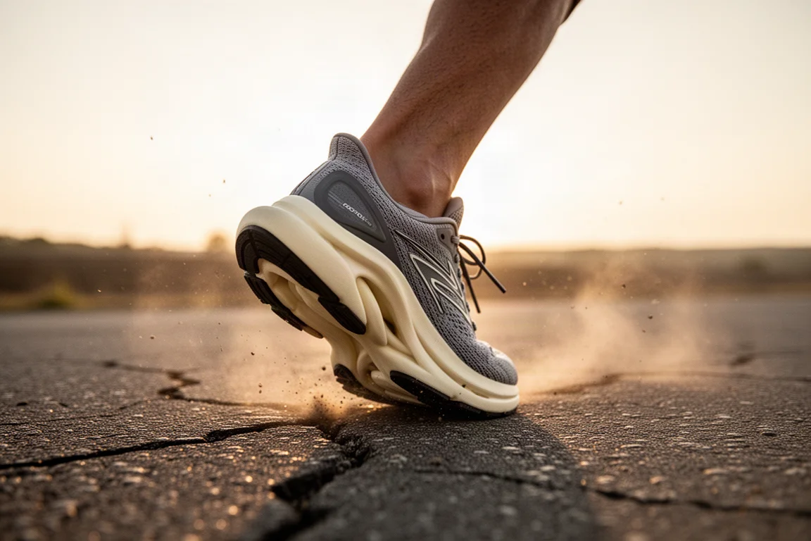 Runner's midfoot landing on cracked tarmac at sunrise