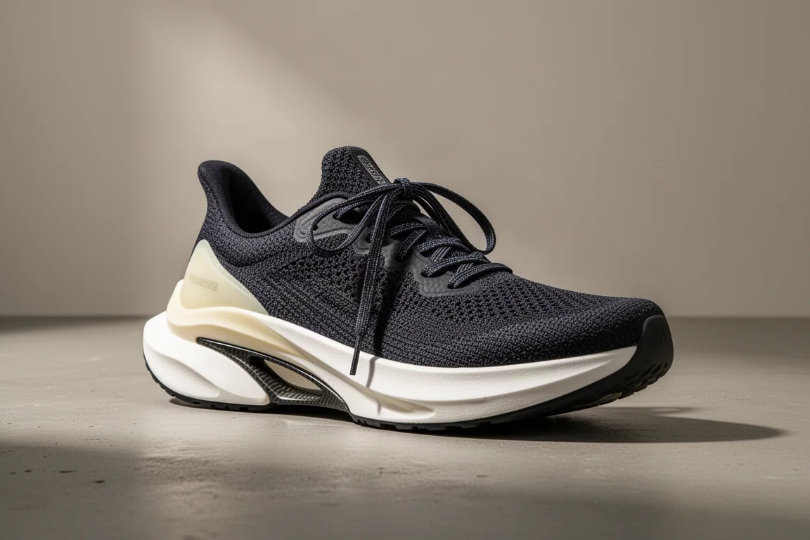 Hoka Carbon X3 running shoe with thick cream midsole on concrete surface