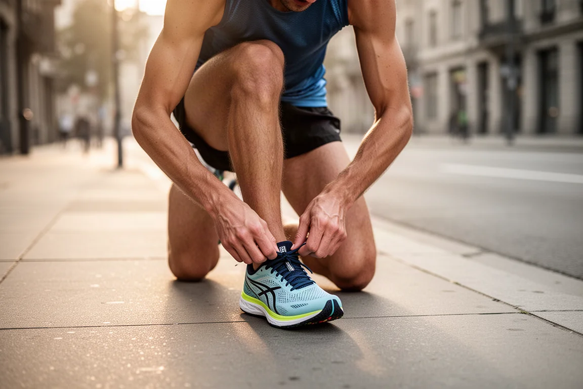 Un corridore allaccia scarpe da gara leggere prima di un allenamento su strada