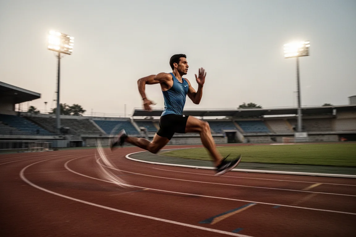 Un corridore sprinta su una curva della pista durante una seduta di ritmo