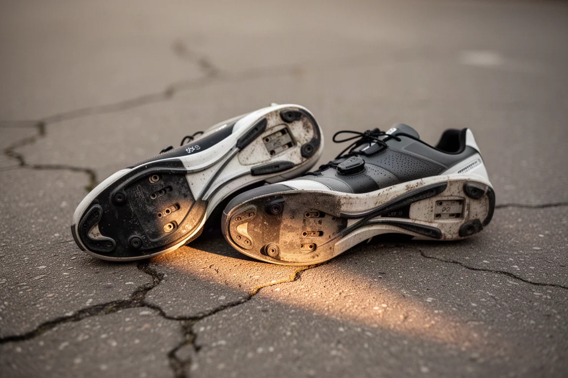 Due scarpe da corsa appoggiate sull'asfalto dopo un allenamento intenso