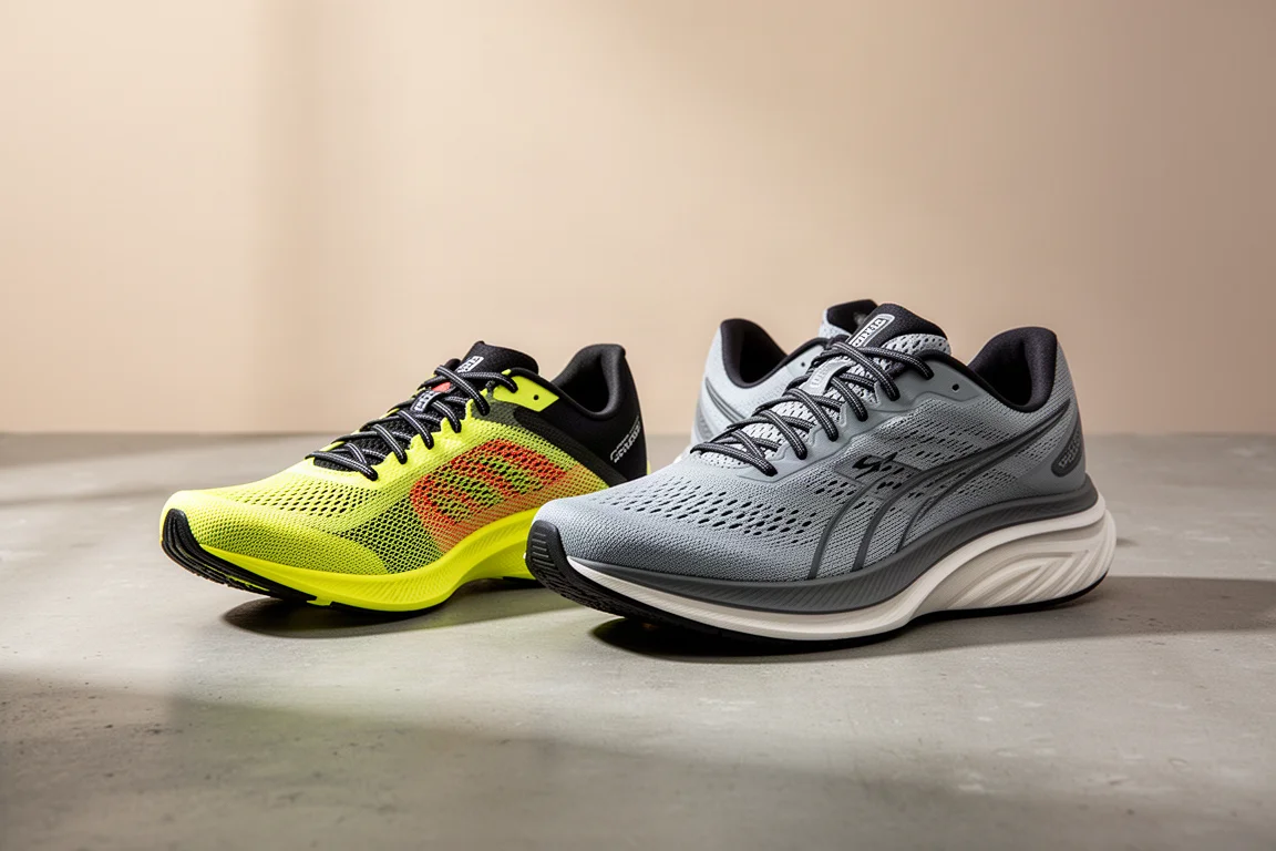 Two road racing shoes side by side on a concrete surface