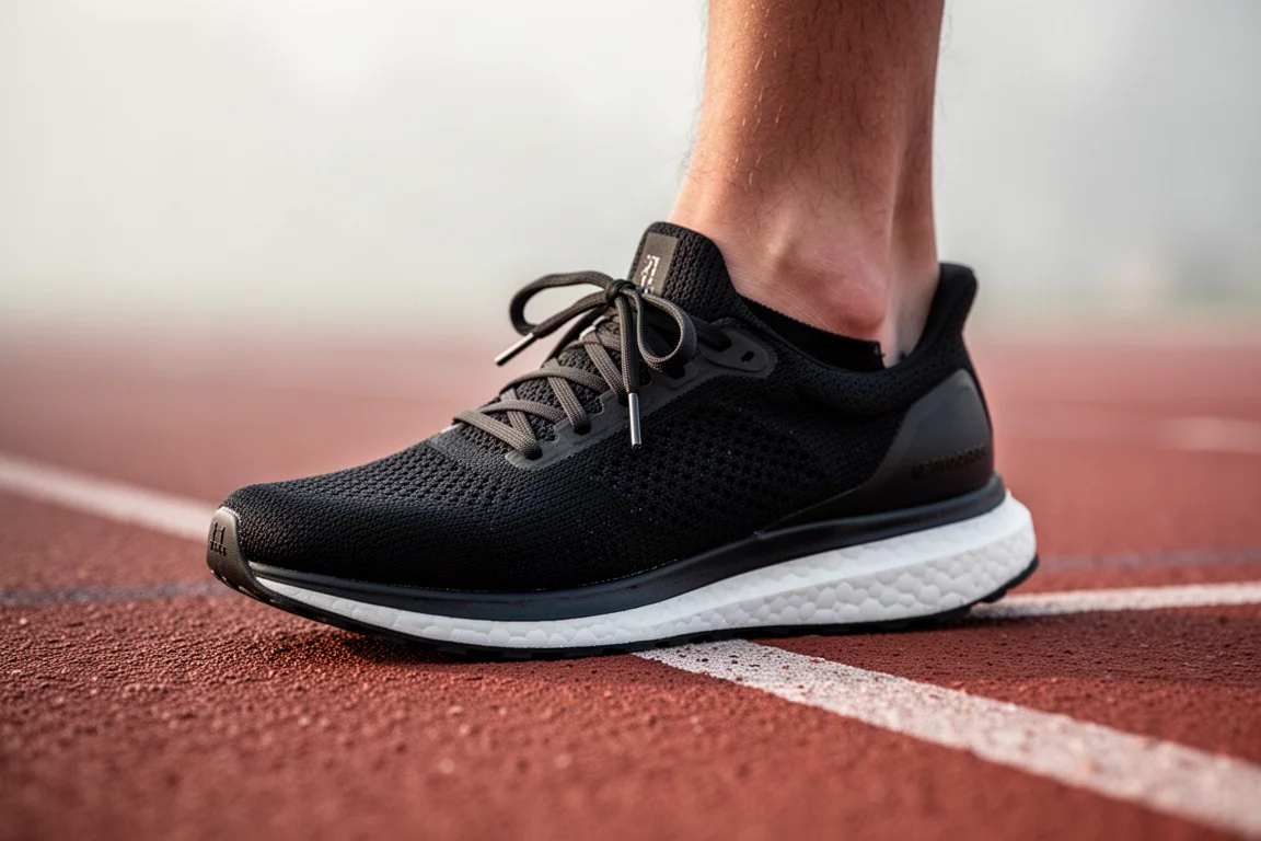 Scarpa da gara con tomaia nera in maglia sul piede di un runner pronto per una sessione veloce