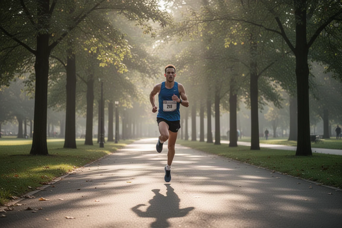 Runner che corre a ritmo sostenuto in un parco cittadino la mattina della gara