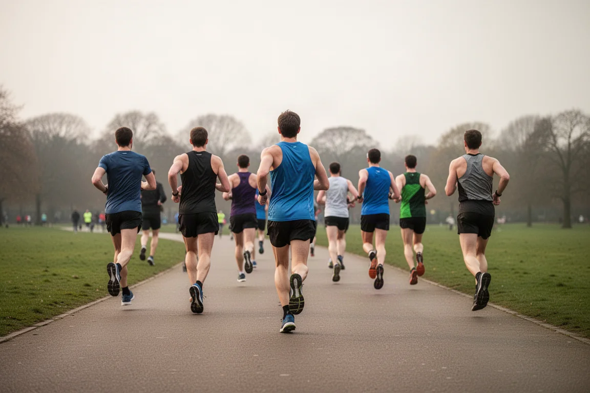 Runner che disputa una gara sui 10 km su un anello piatto di parco sotto un cielo sereno