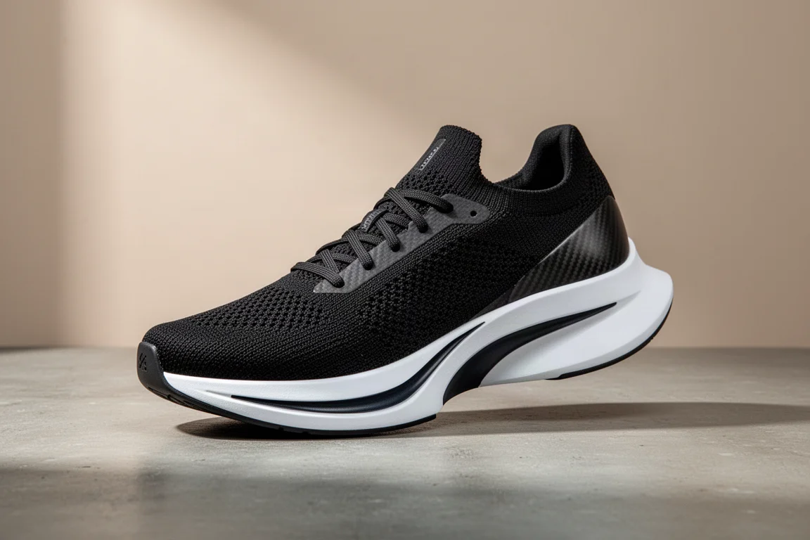 Hoka Celo X1 racing shoe with black knit upper and thick foam midsole on concrete