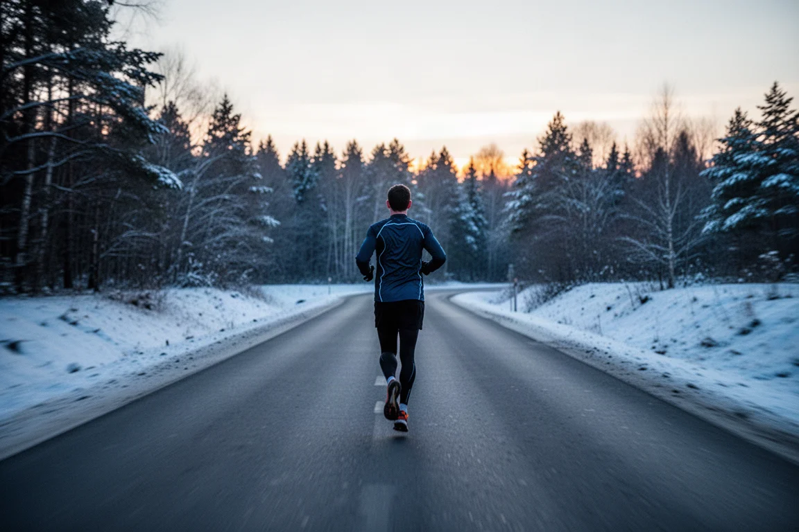 Löpare på en asfalterad väg som leder mot en snöig skogskant i skymningen