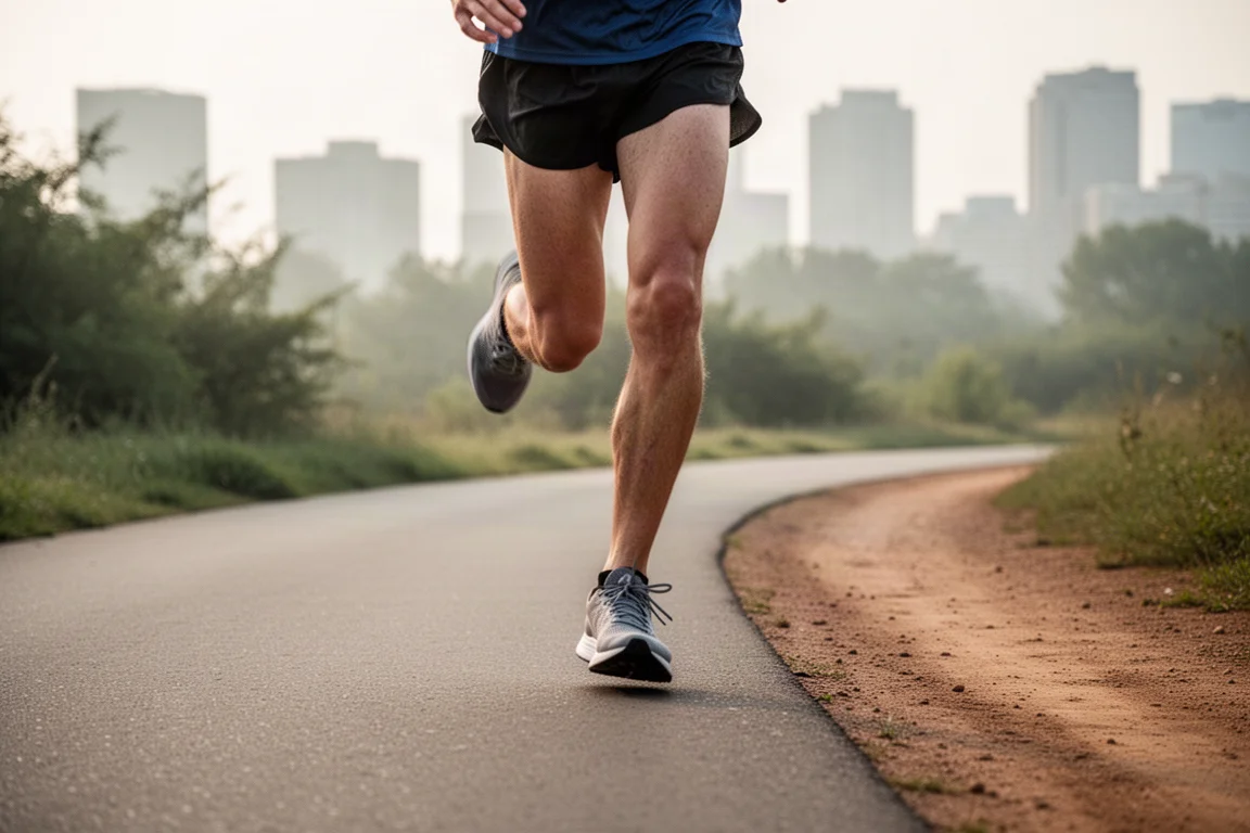 Runner on a paved path heading toward a dirt trail at the edge of a city