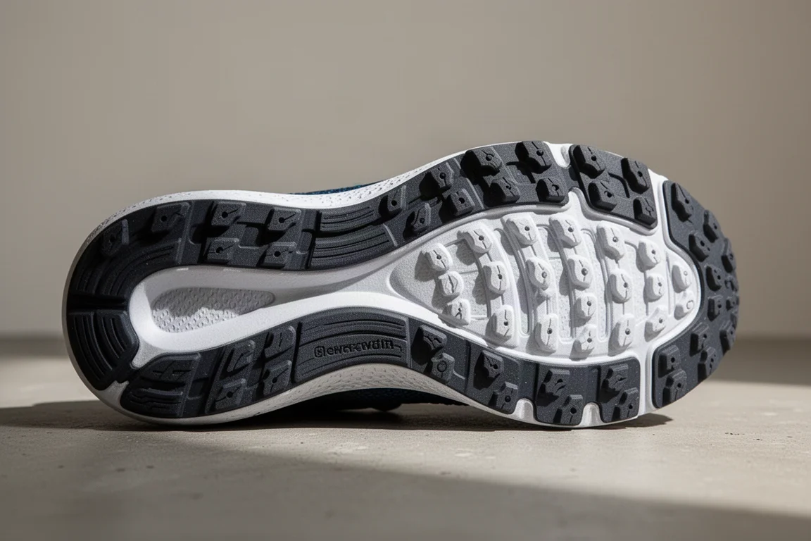 Close-up of a lugged outsole showing smooth rubber sections between lugs