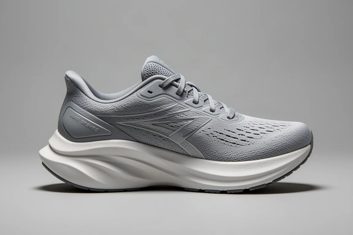 Side profile of a running shoe showing thick heel stack and rocker shape