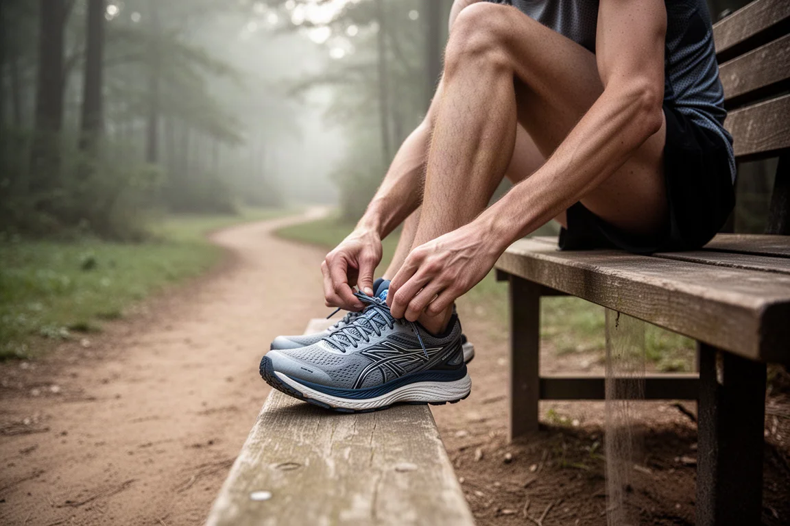 Runner adjusting shoe on a park bench before a mixed-surface run