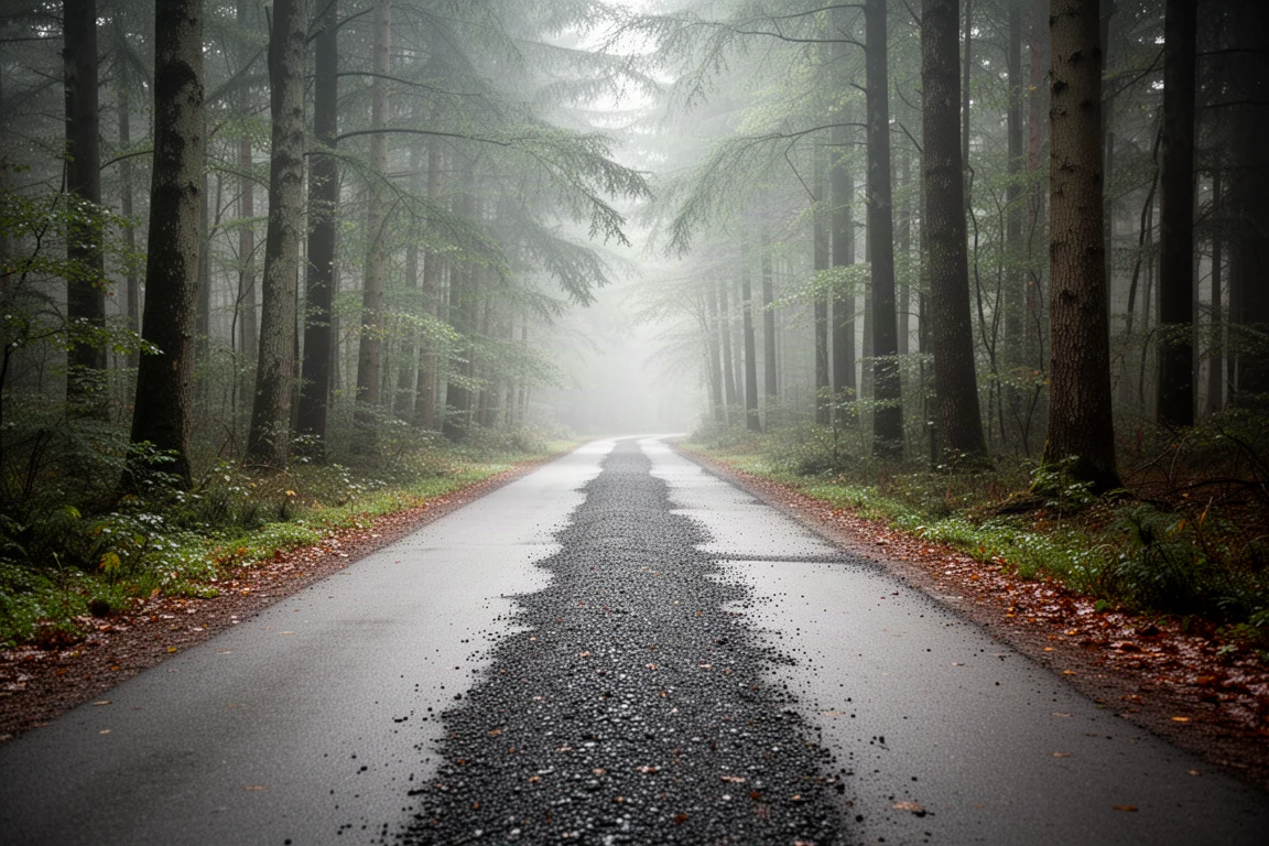 Trail running shoe on a mixed gravel and tarmac path through a forest