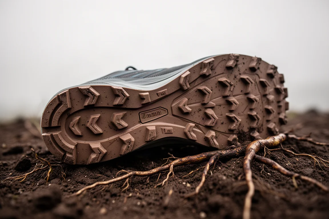 Close-up of a lugged outsole on damp trail surface