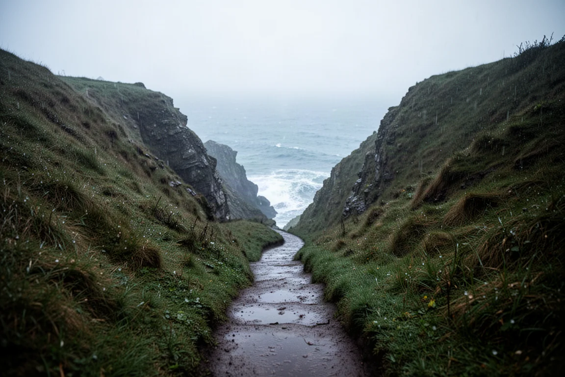 Runner descending a steep coastal trail in drizzle